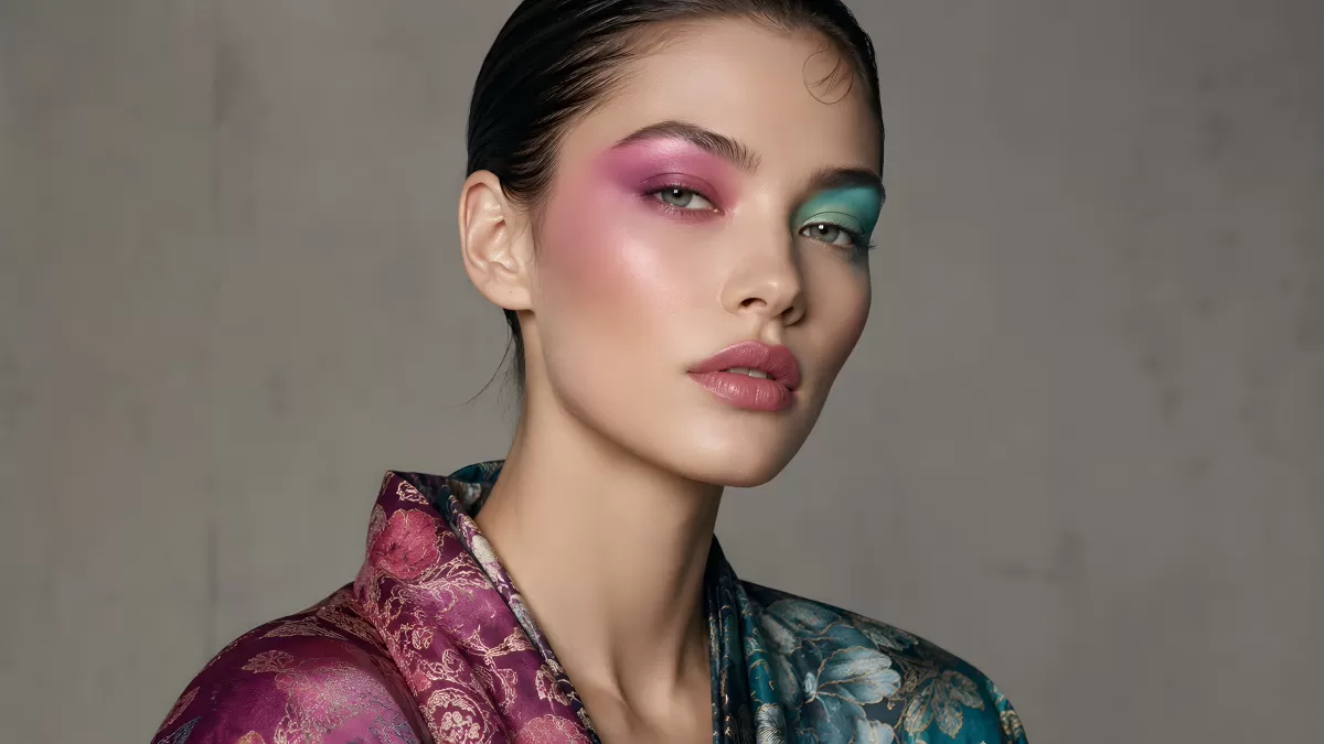 Frau mit farbenfrohem Augen-Make-up und Seidenkimono