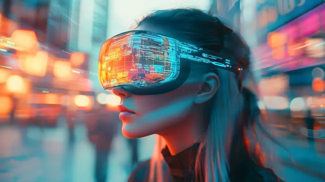 Frau mit futuristischer VR-Brille in belebter Stadt