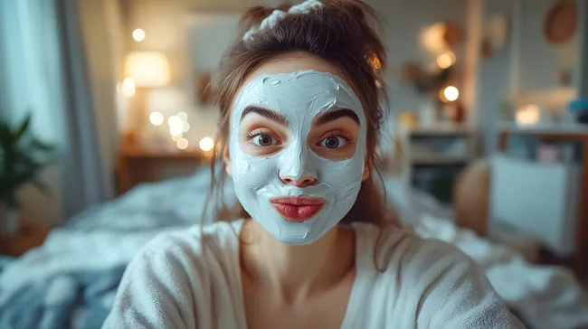 Frau mit Gesichtsmaske entspannt in häuslicher Umgebung