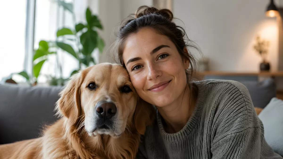 Frau mit Golden Retriever auf dem Sofa zu Hause
