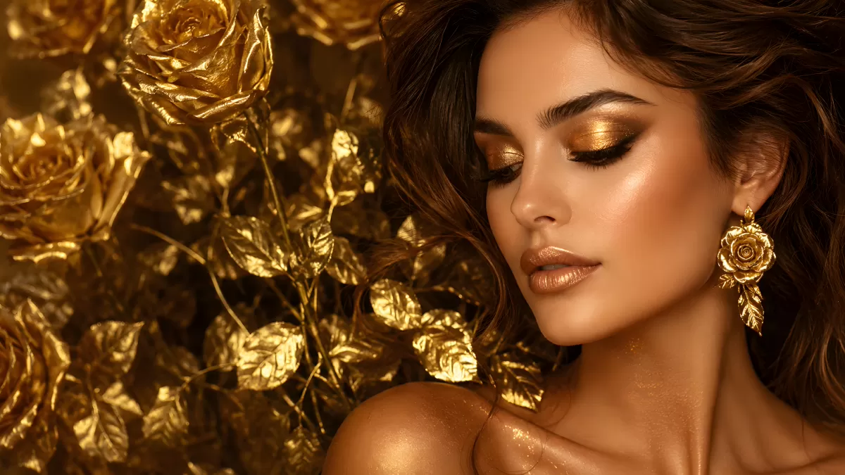 Frau mit goldenem Make-up zwischen goldenen Rosen