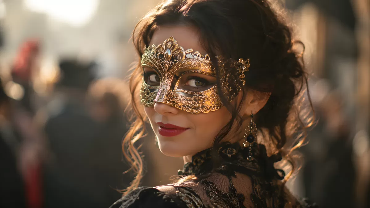 Frau mit goldener Venezianischer Maske auf Karneval