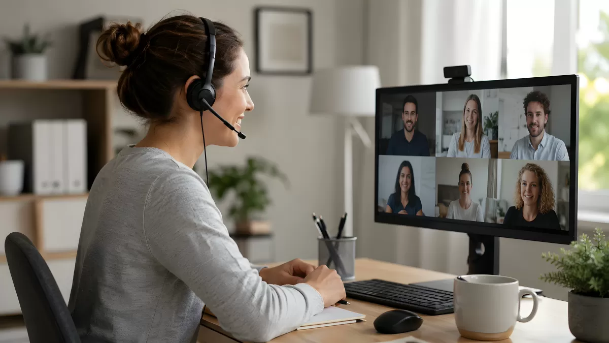 Frau mit Headset bei Videokonferenz im Homeoffice