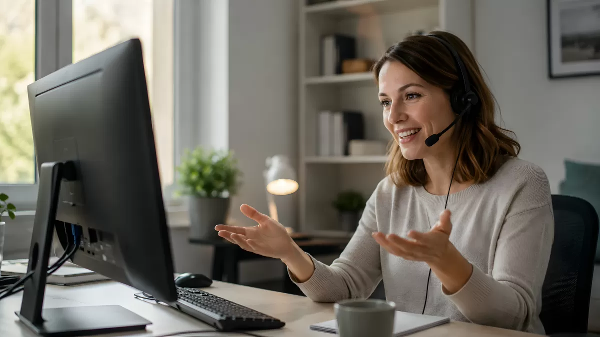 Frau mit Headset beim Videogespräch im Homeoffice