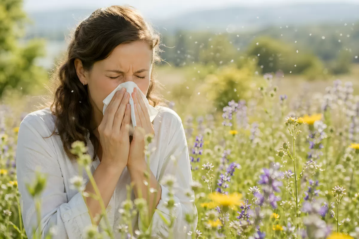 Frau mit Heuschnupfen niest auf blühender Wiese