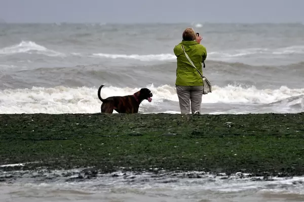 Frau mit Hund am Strand
