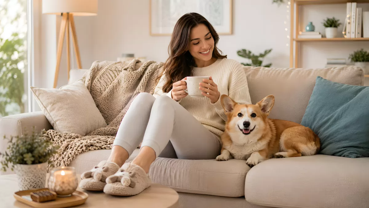 Frau mit Kaffee und Corgi auf gemütlichem Sofa