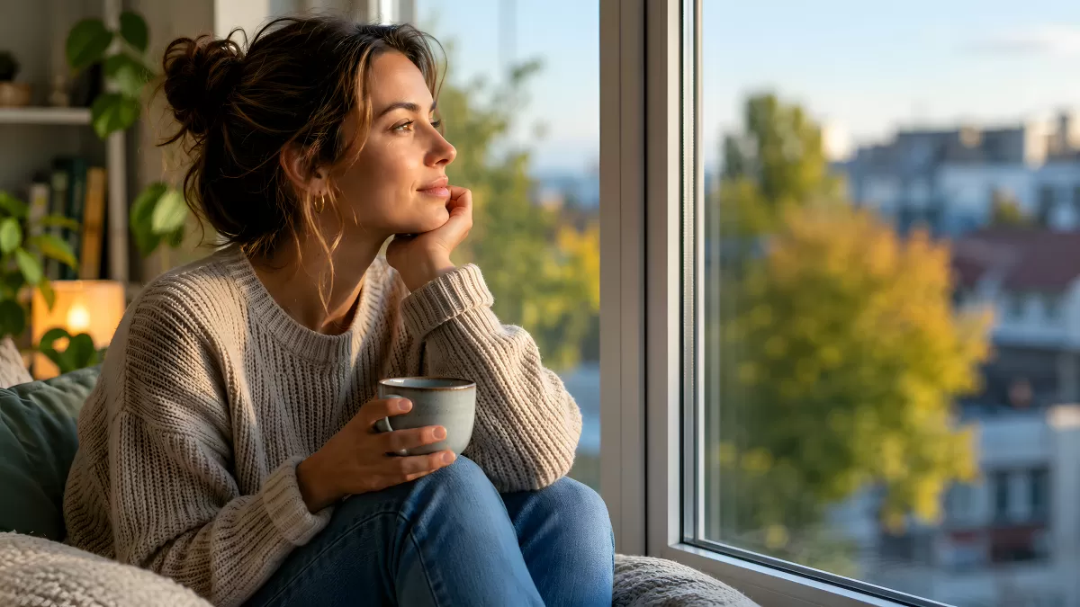 Frau mit Kaffeetasse schaut nachdenklich aus dem Fenster
