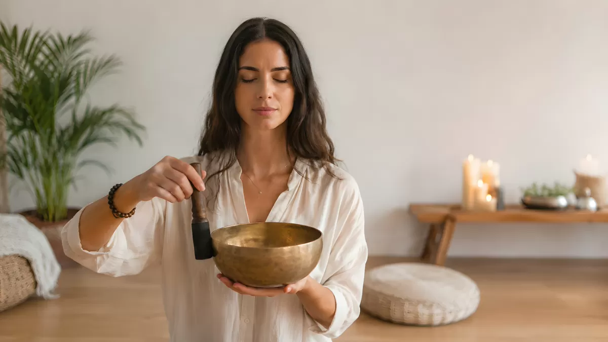 Frau mit Klangschale bei meditativer Zeremonie