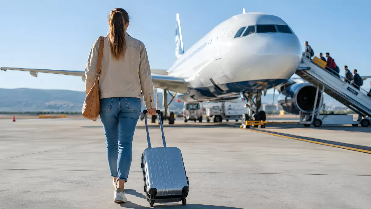 Frau mit Koffer läuft auf Flugzeug zu am Flughafen