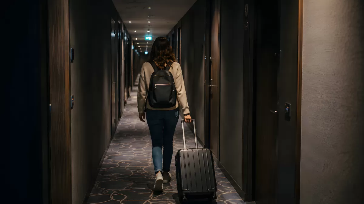 Frau mit Koffer und Rucksack im Hotelflur