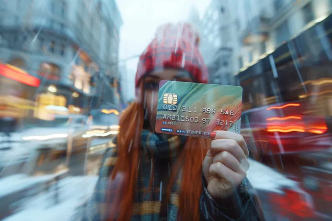 Frau mit Kreditkarte in belebter Großstadt