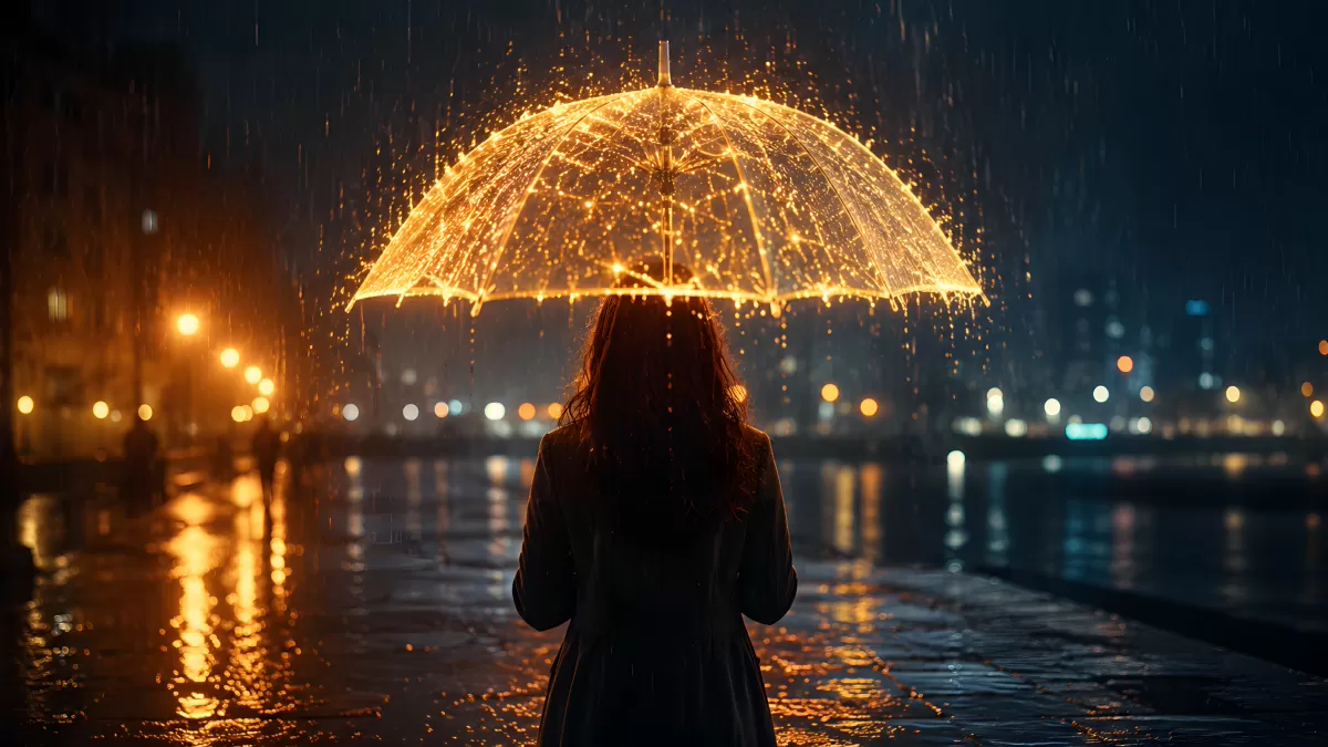 Frau mit leuchtendem Regenschirm im Regen bei Nacht