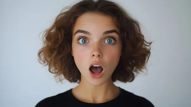 Frau mit Lockenfrisur staunt überrascht