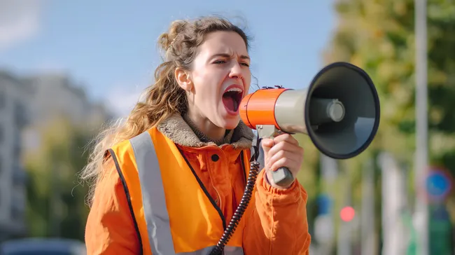 Frau mit Megafon bei Demonstration mit Warnweste