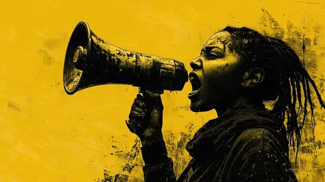 Frau mit Megafon in künstlerischer Schwarz-Gelb-Darstellung