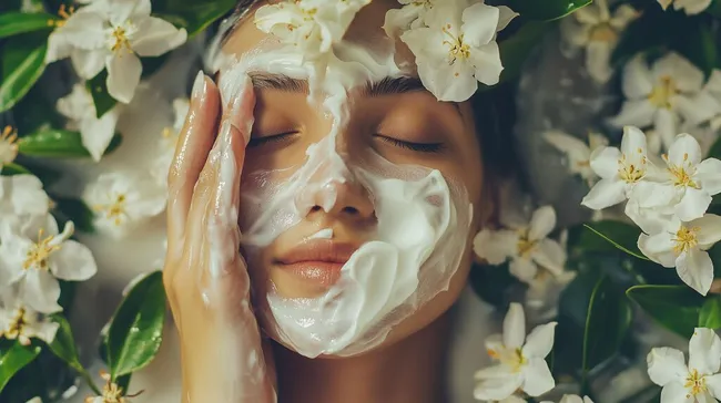 Frau mit naturkosmetischer Gesichtsmaske und Blüten