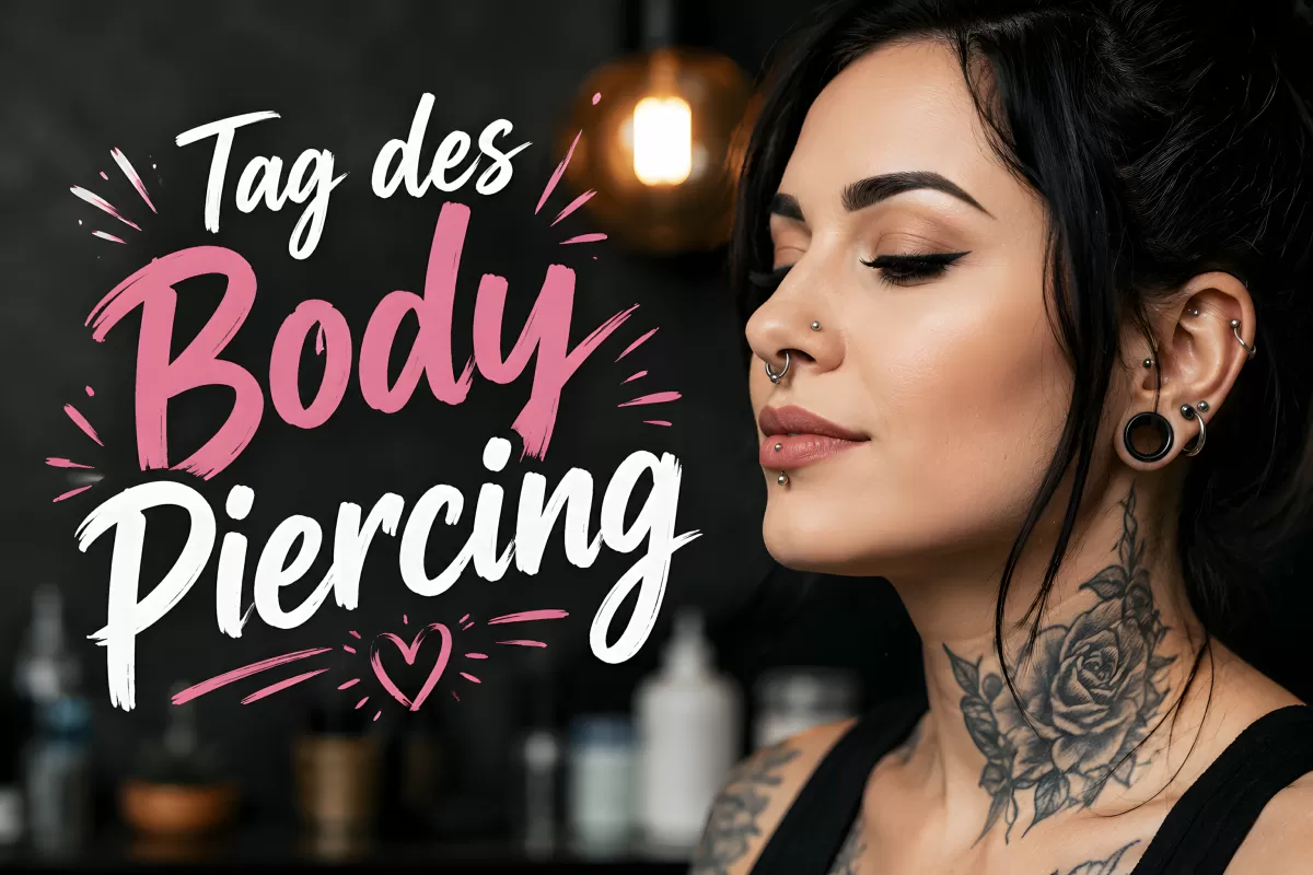 Frau mit Piercings und Tattoos zum Tag des Body Piercings