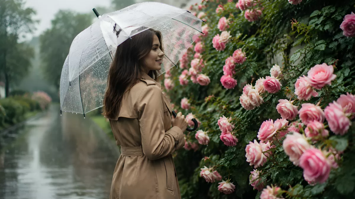 Frau mit Regenschirm an blühender Rosenwand im Regen