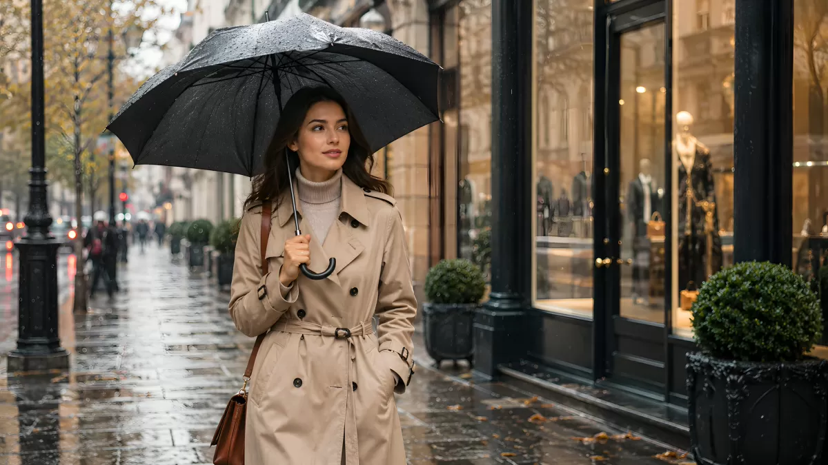 Frau mit Regenschirm auf nasser Stadtstraße im Herbst