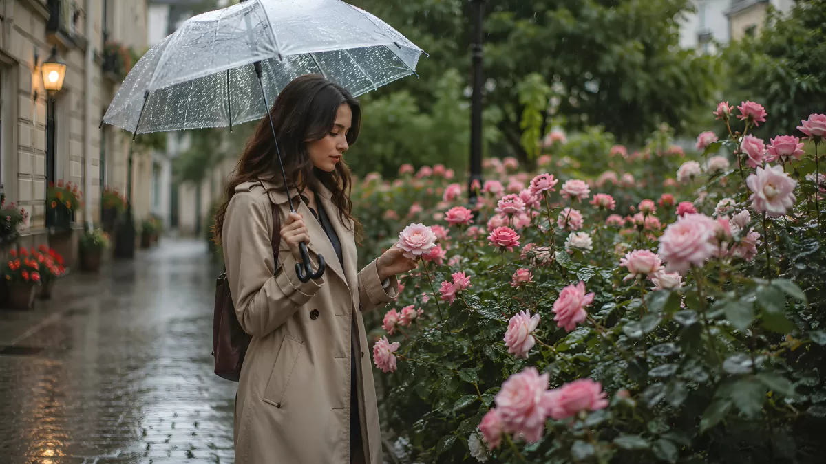 Frau mit Regenschirm bewundert rosa Rosen im Regen