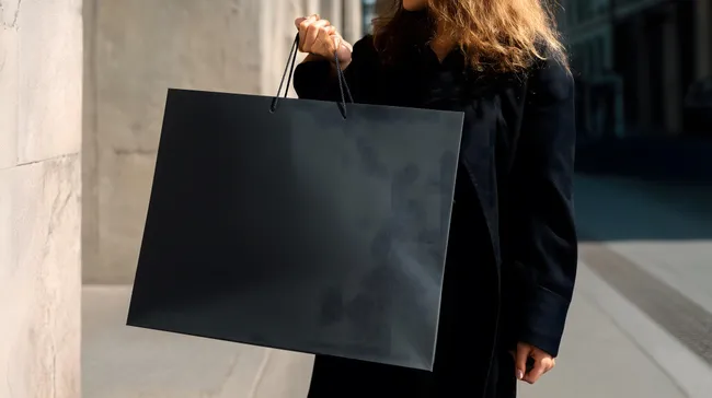 Frau mit schwarzer Einkaufstasche in der Stadtstraße