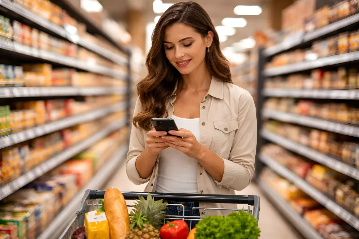 Frau mit Smartphone beim Einkaufen im Supermarkt