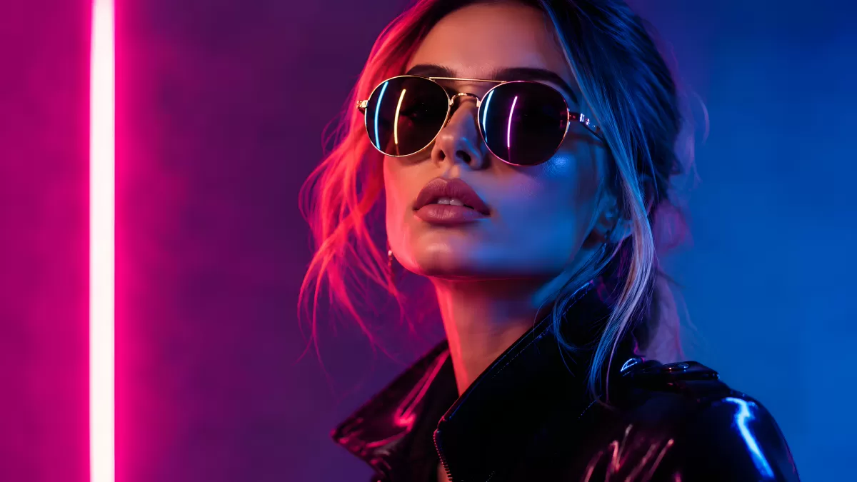 Frau mit Sonnenbrille im Neonlicht-Fotoshooting
