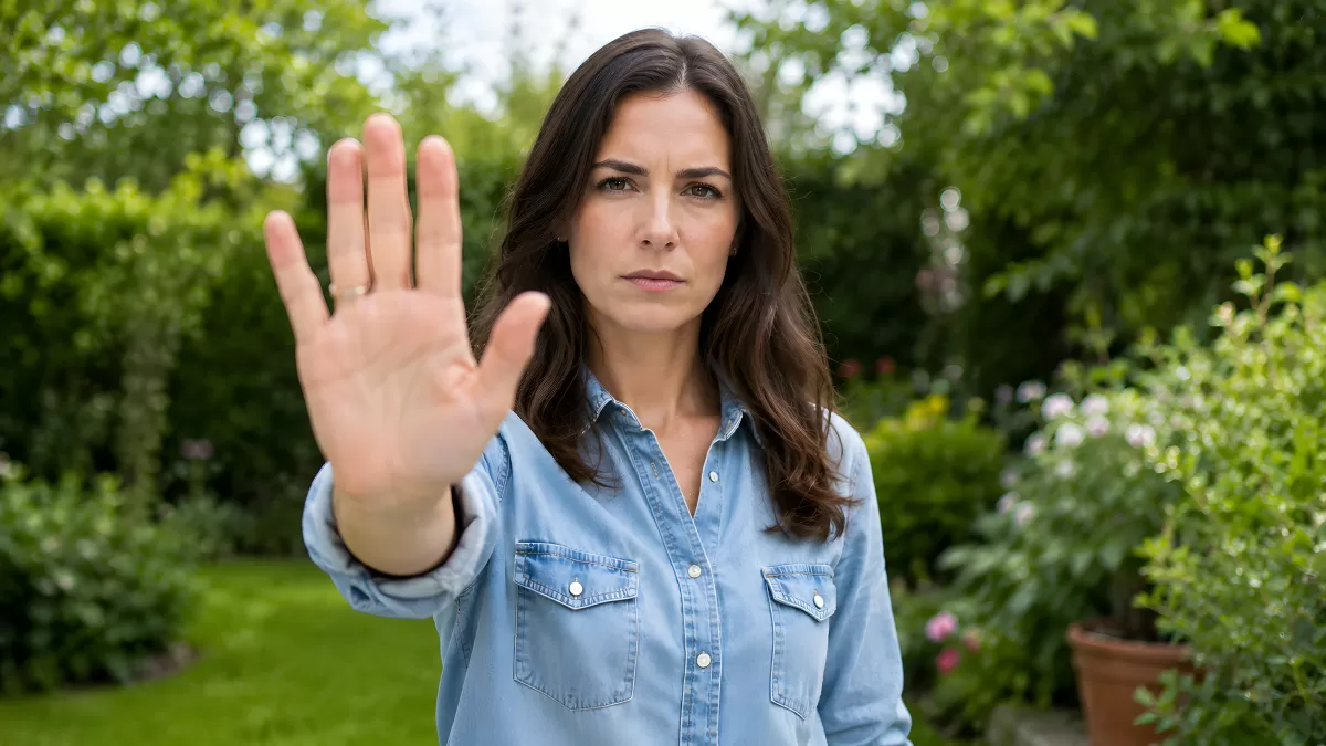 Frau mit Stoppgeste im grünen Garten