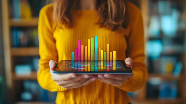 Frau mit Tablet zeigt digitale Daten-Visualisierung