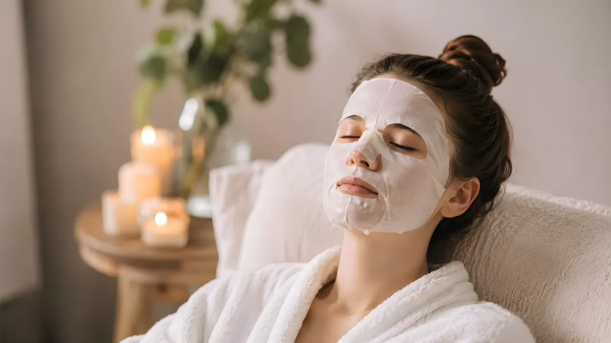 Frau mit Tuchmaske beim Entspannen im Spa