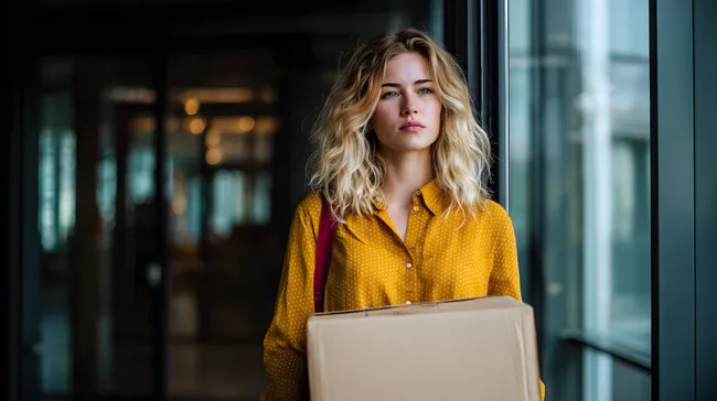 Frau mit Umzugskarton verlässt Bürogebäude