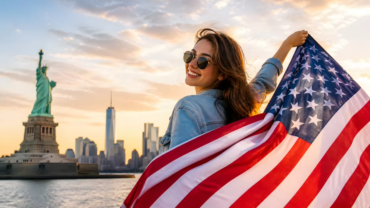 Frau mit US-Flagge vor der Freiheitsstatue