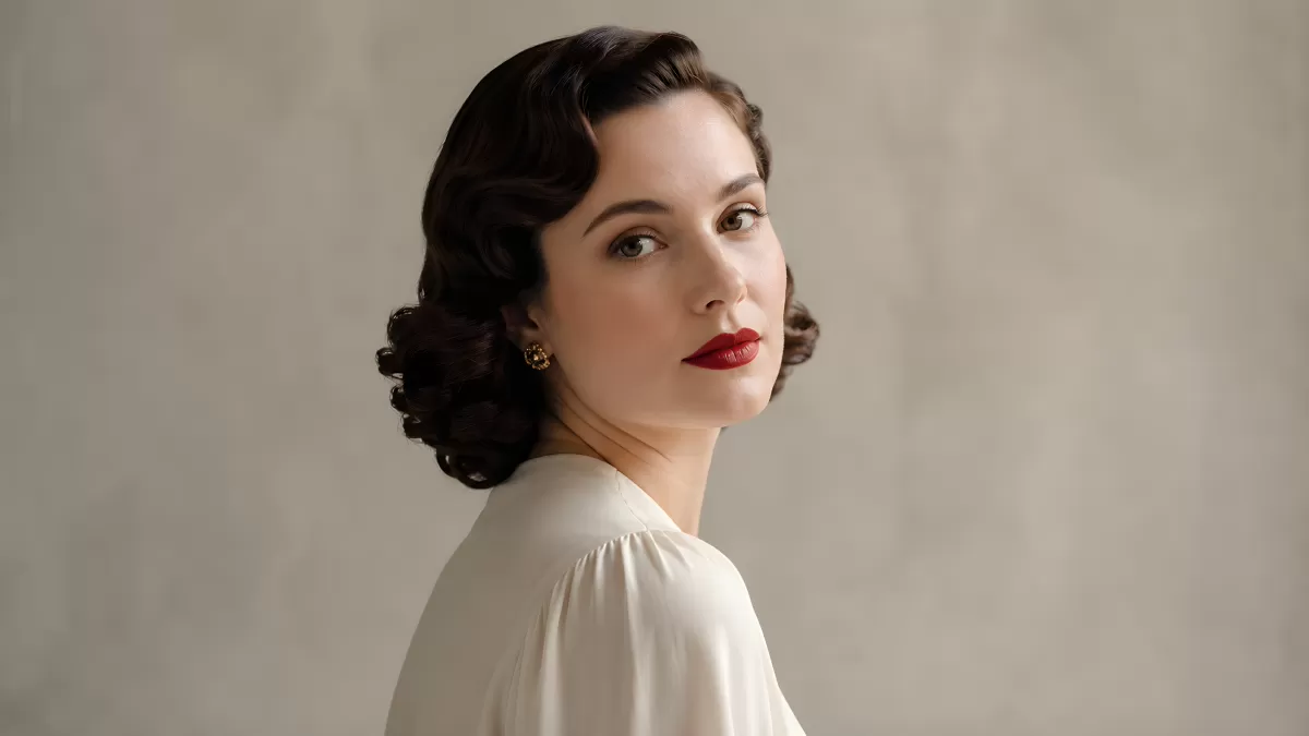 Frau mit Vintage-Frisur und rotem Lippenstift