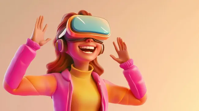 Frau mit VR-Brille in bunter, fröhlicher Cartoon-Darstellung