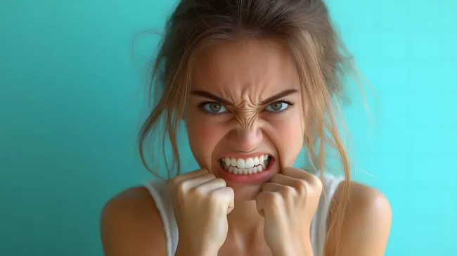 Frau mit wütendem Gesichtsausdruck ballt die Fäuste