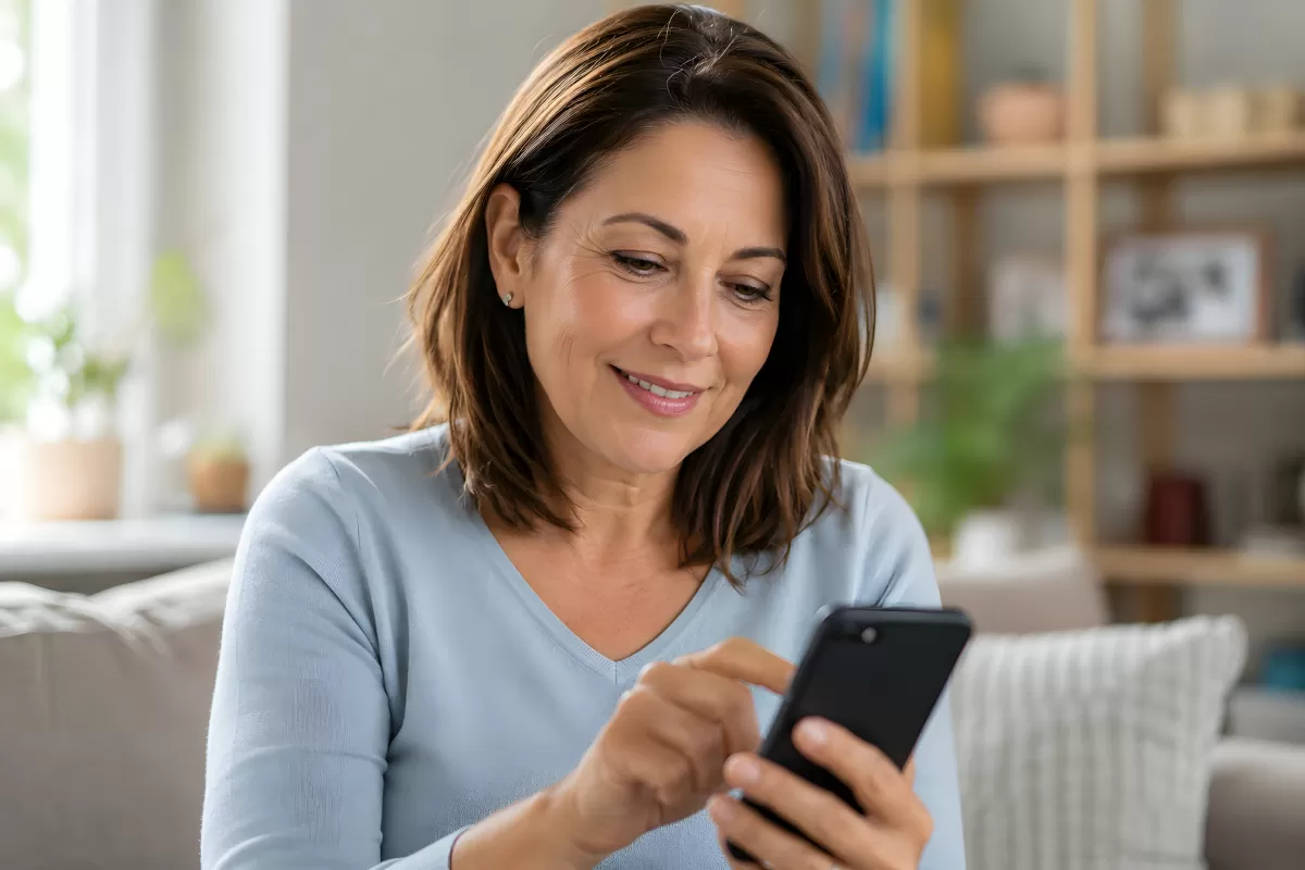 Frau mittleren Alters lächelt beim Blick aufs Smartphone