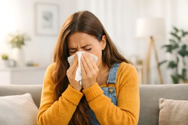 Frau niest in Papiertaschentuch auf Sofa - Erkältungszeit