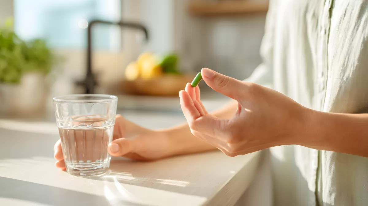 Frau nimmt eine grüne Nahrungsergänzungsmittelkapsel zu sich