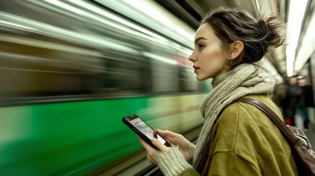 Frau nutzt Smartphone in der Metroslation