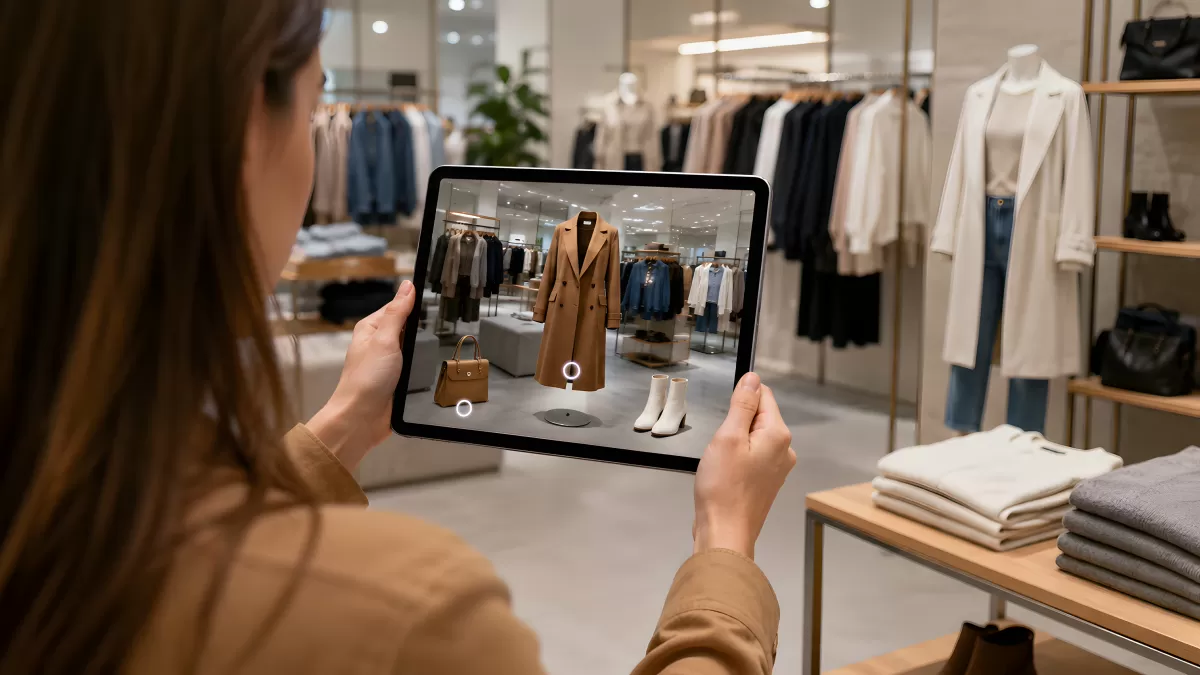 Frau nutzt Tablet mit AR-Mode in Boutique