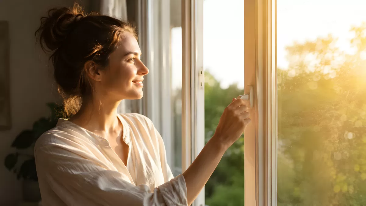 Frau öffnet Fenster im warmen Morgenlicht