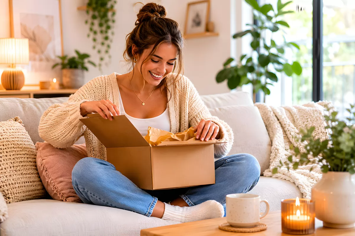 Frau öffnet freudig ein Paket auf dem Sofa