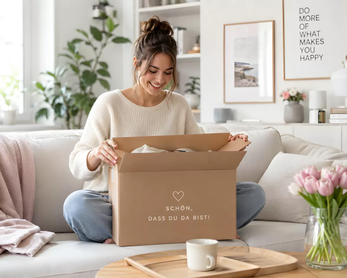 Frau öffnet Paket auf Sofa im hellen Wohnzimmer