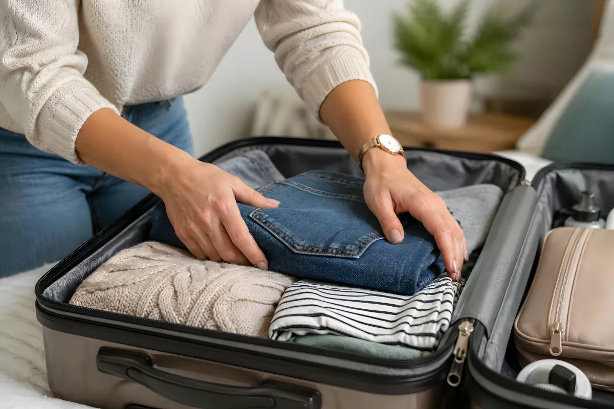 Frau packt ordentlich Kleidung in Reisekoffer