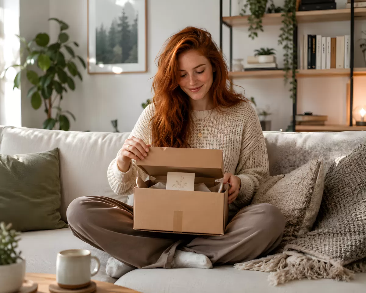 Frau packt Paket aus auf hellem Wohnzimmersofa