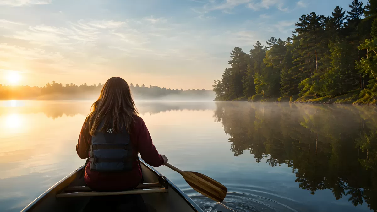 Frau paddelt im Kanu bei Sonnenaufgang im Nebel