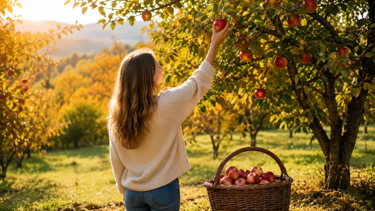 Frau pflückt rote Äpfel im herbstlichen Obstgarten