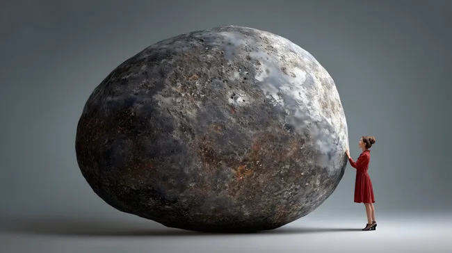 Frau posiert vor riesigem Gesteinsbrocken