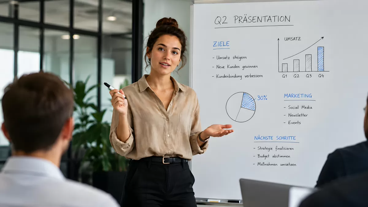 Frau präsentiert Q2-Ergebnisse am Whiteboard im Büro